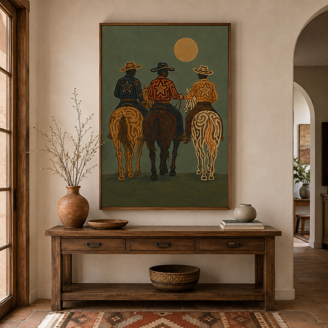 Three Cowboys Painting, Western Horse Riders, Rustic Southwestern Ranch Wall Art