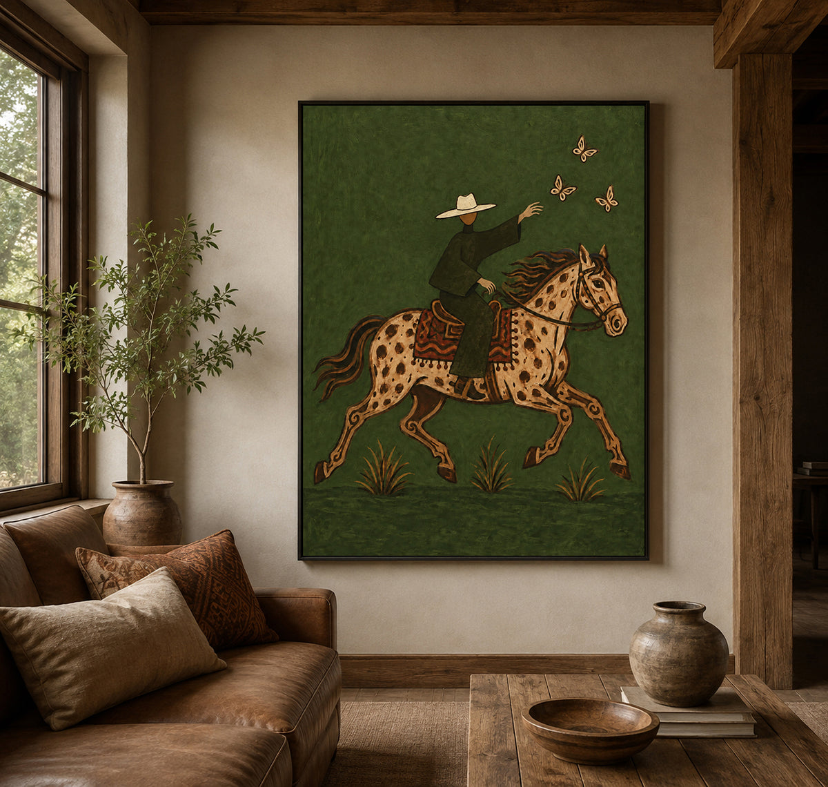 Cowboy And Spotted Horse Canvas Painting With Butterflies In Green