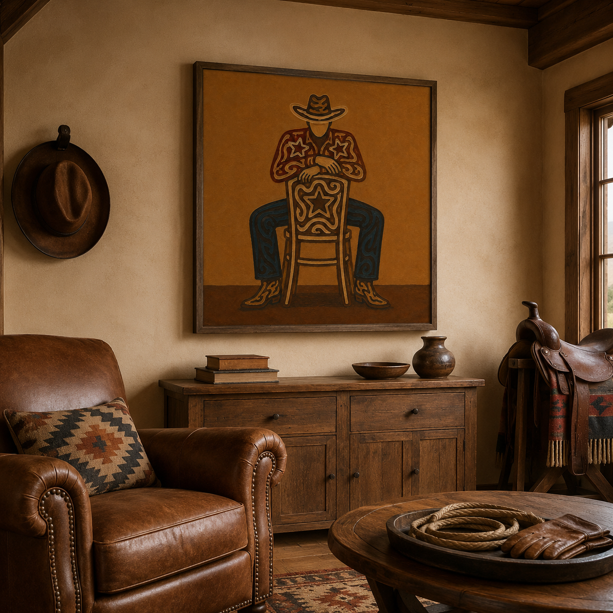 Cowboy Sitting On Chair Art, Bold Western Wall Decor, Minimalist Cowboy Painting, Warm Tone Western Art