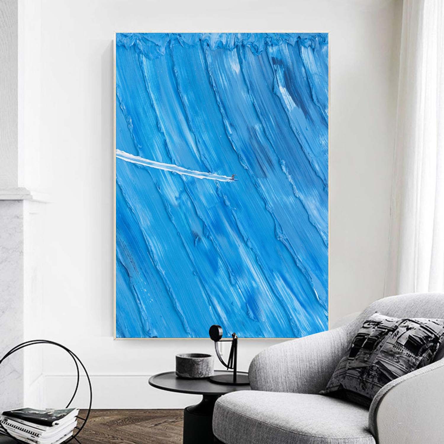 Large Blue surfing painting Wall Art Blue Minimalist Abstract Painting Light Blue surfing Abstract painting