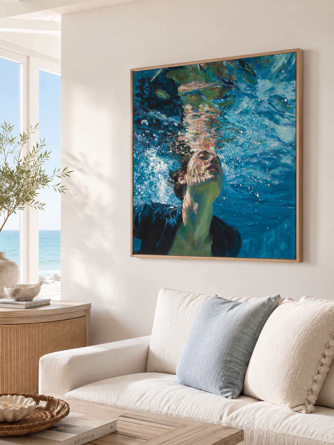 Modern Underwater Figure Painting With Bubbles And Blue Waves For Living Room Decor