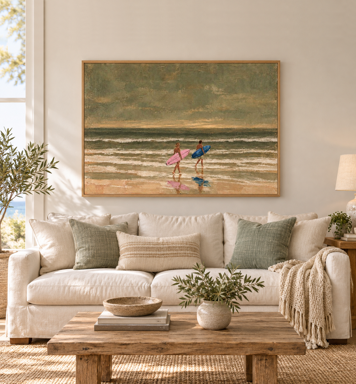 Couples Surfing Canvas Art, Pink And Blue Surfboard Beach Decor, Vintage Coastal Ocean Painting
