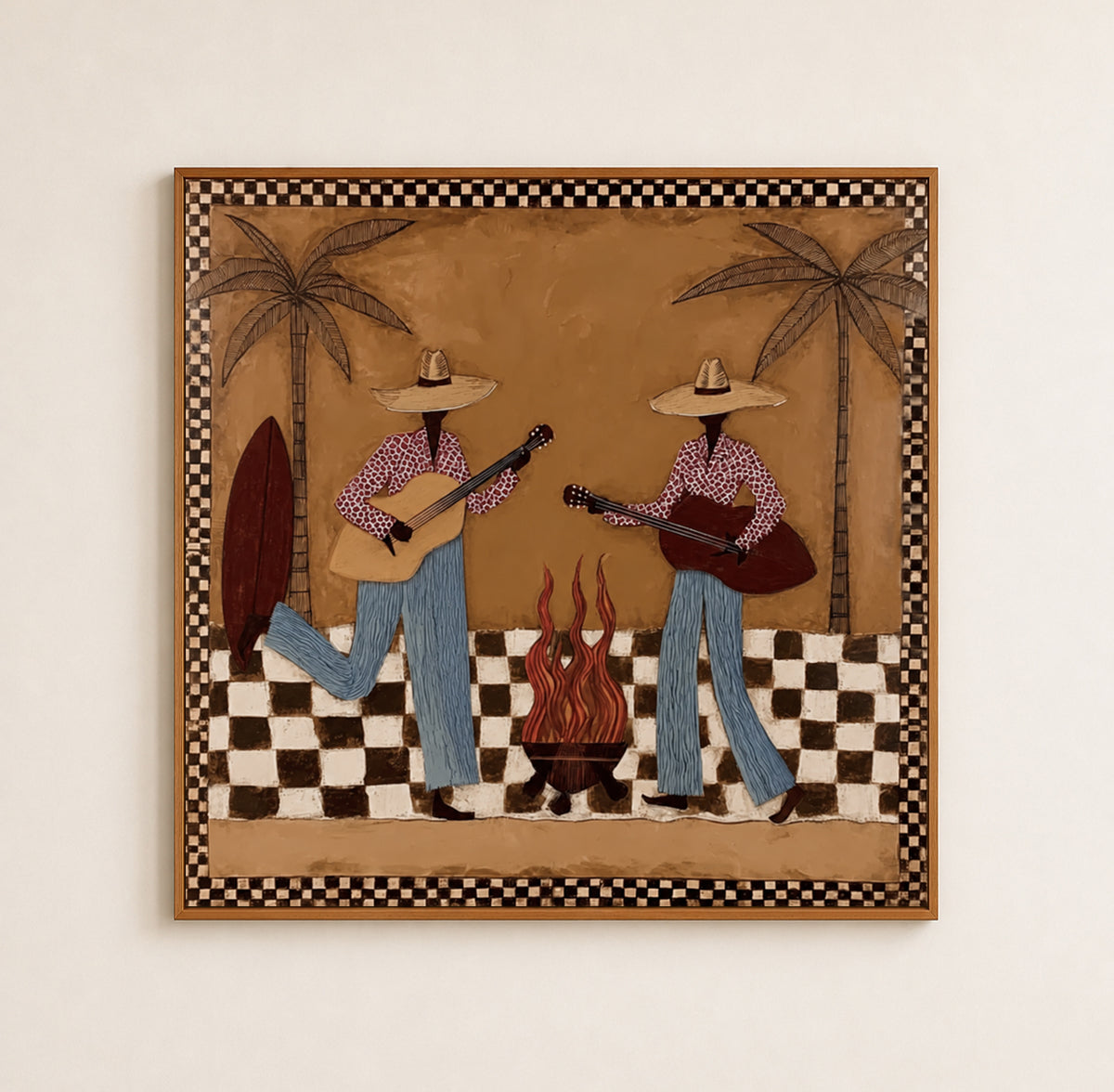 Retro Cowgirl Guitar Painting, Western Music Wall Art,checkerboard Western Art
