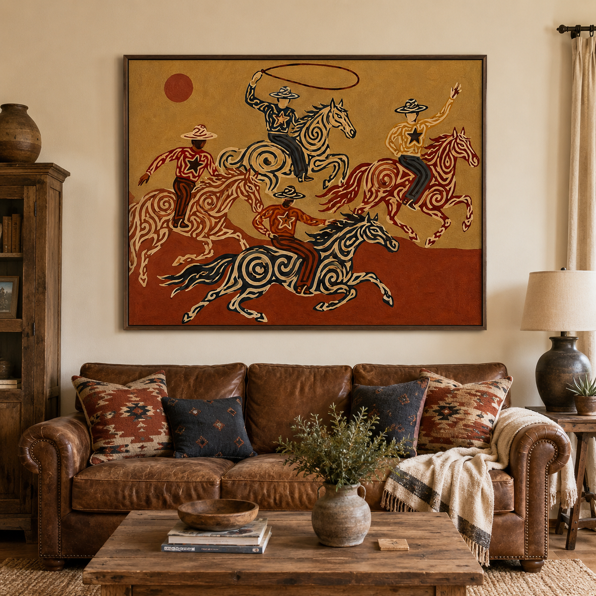 Cowboy And Horse Canvas Painting With Lasso For Western Home Decor
