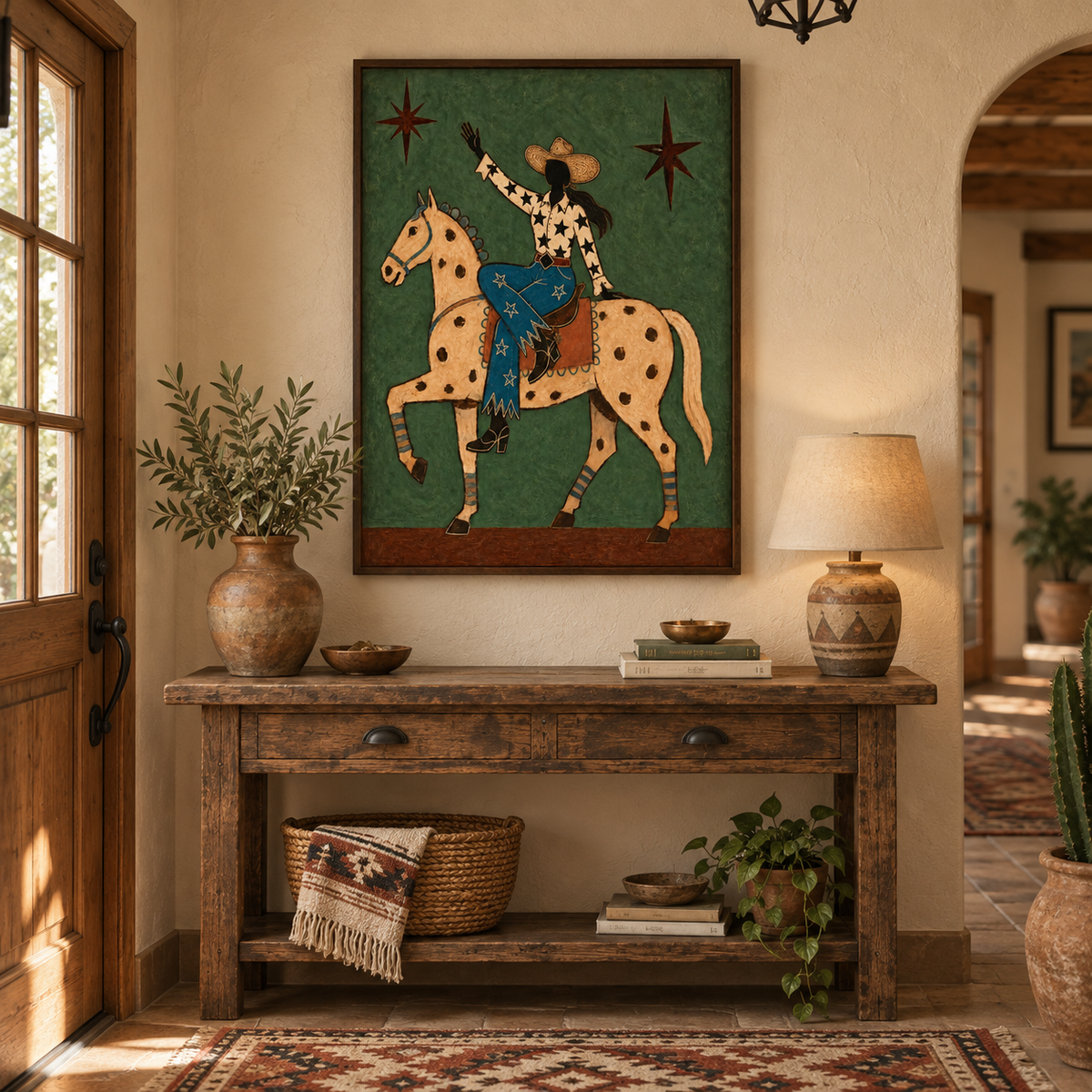 Cowgirl And Horse Canvas Painting With Star Pattern In Green