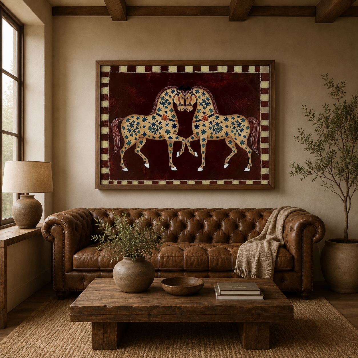 Medieval Folk Art Horse Painting With Stars On Brown Canvas For Classic Home Decor
