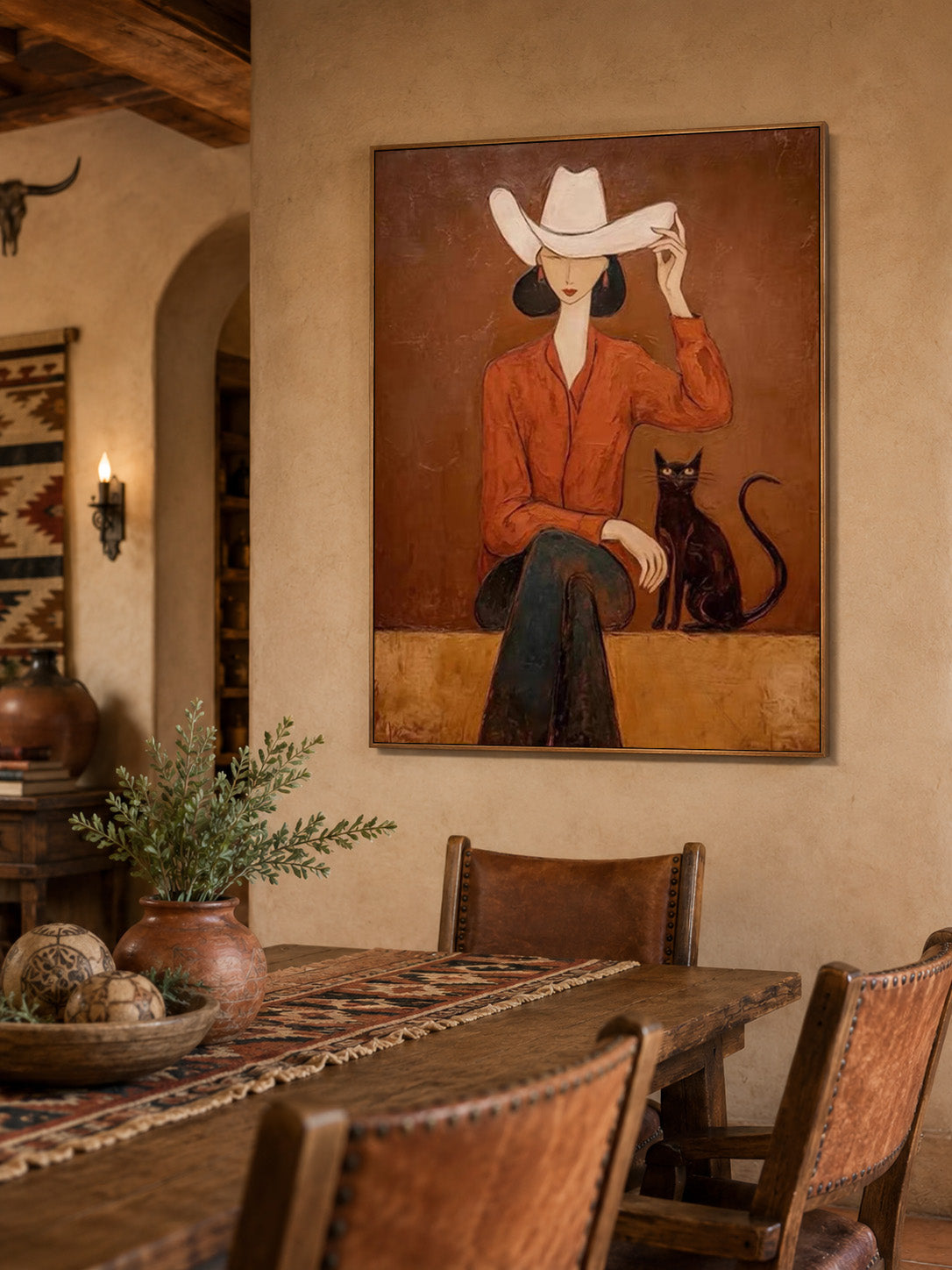 Modern Western Woman Oil Painting With Black Cat In Earthy Tones For Living Room Decor