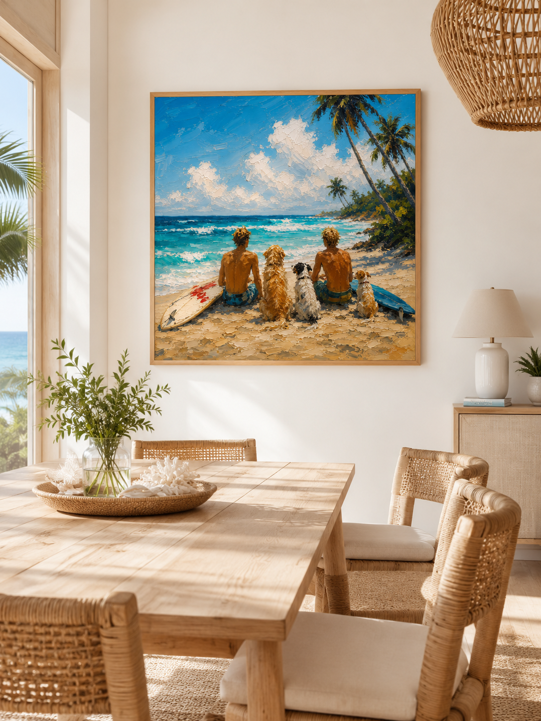 Modern Textured Beach Art Summer Beach Surfing Oil Painting With Dogs For Modern Home Decor
