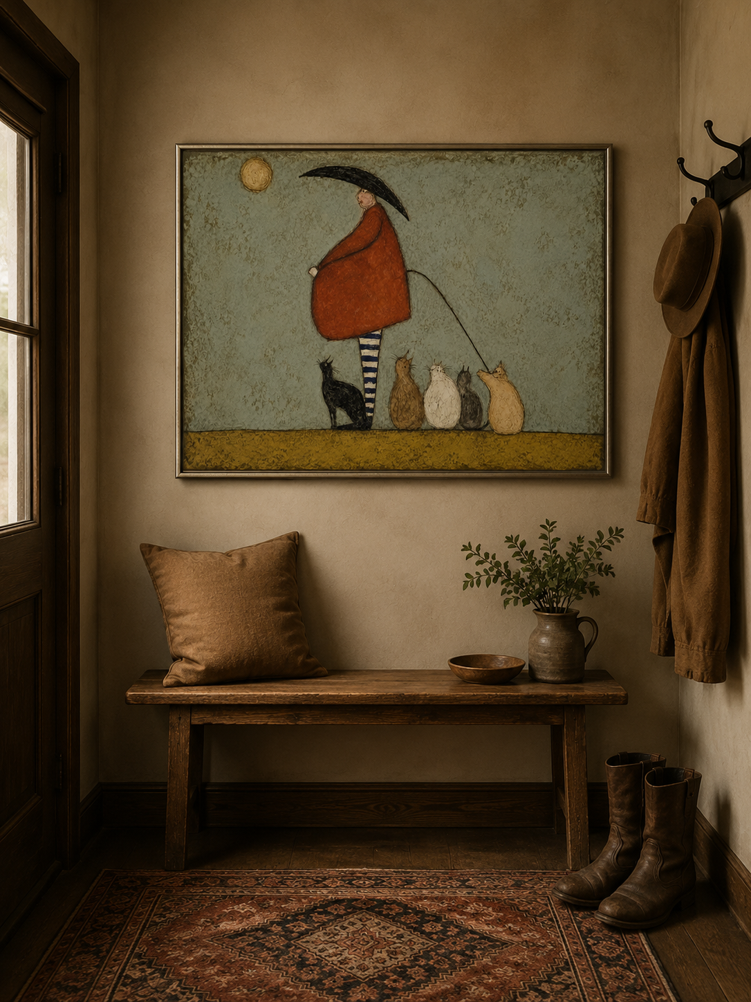 Whimsical Cat Lady Painting With Black Cats Folk Art For Modern Home Decor