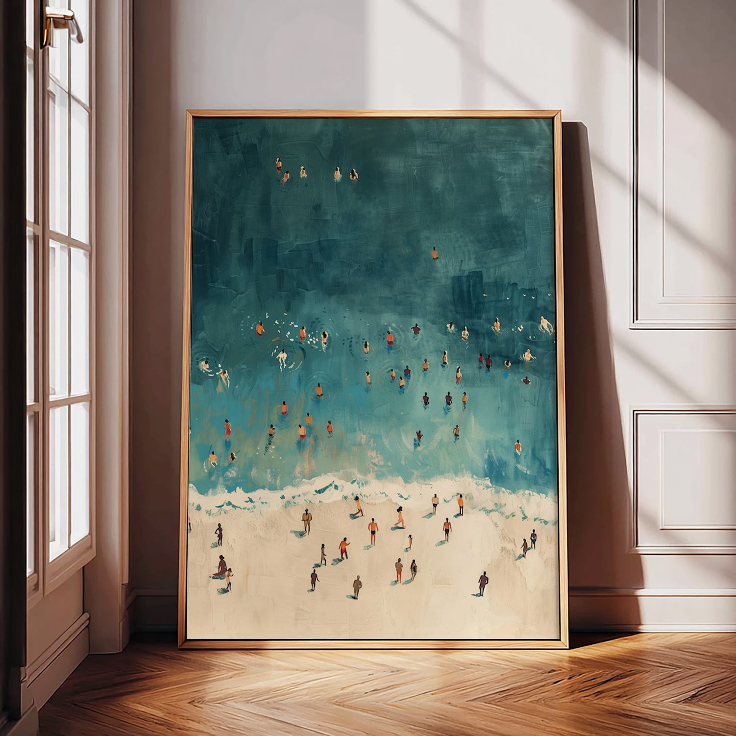 Retro Beach Painting With Minimalist Figures In Teal And Beige For Modern Living Room Wall Art