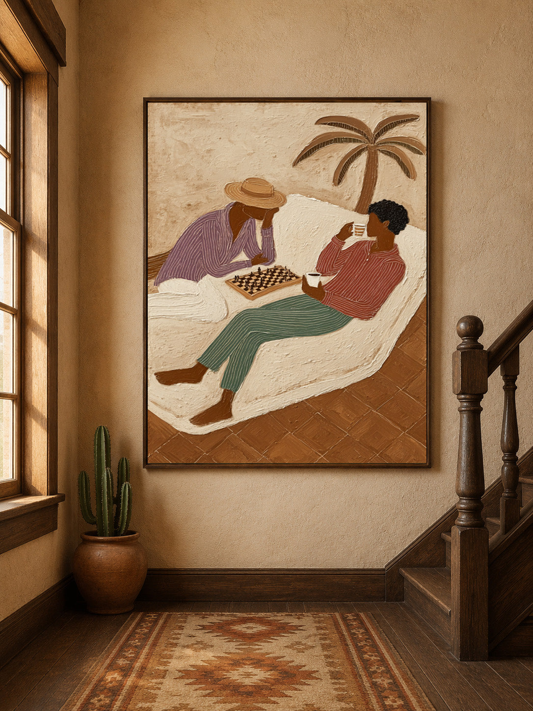 Figurative Chess Painting With Palm Tree And Coffee For Wall Decor