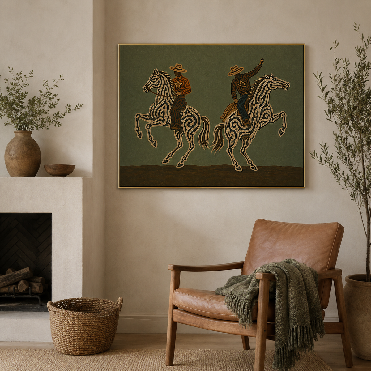 Two Cowboys Horse Painting, Olive Green Western Riders, Rustic Southwestern Equestrian Art