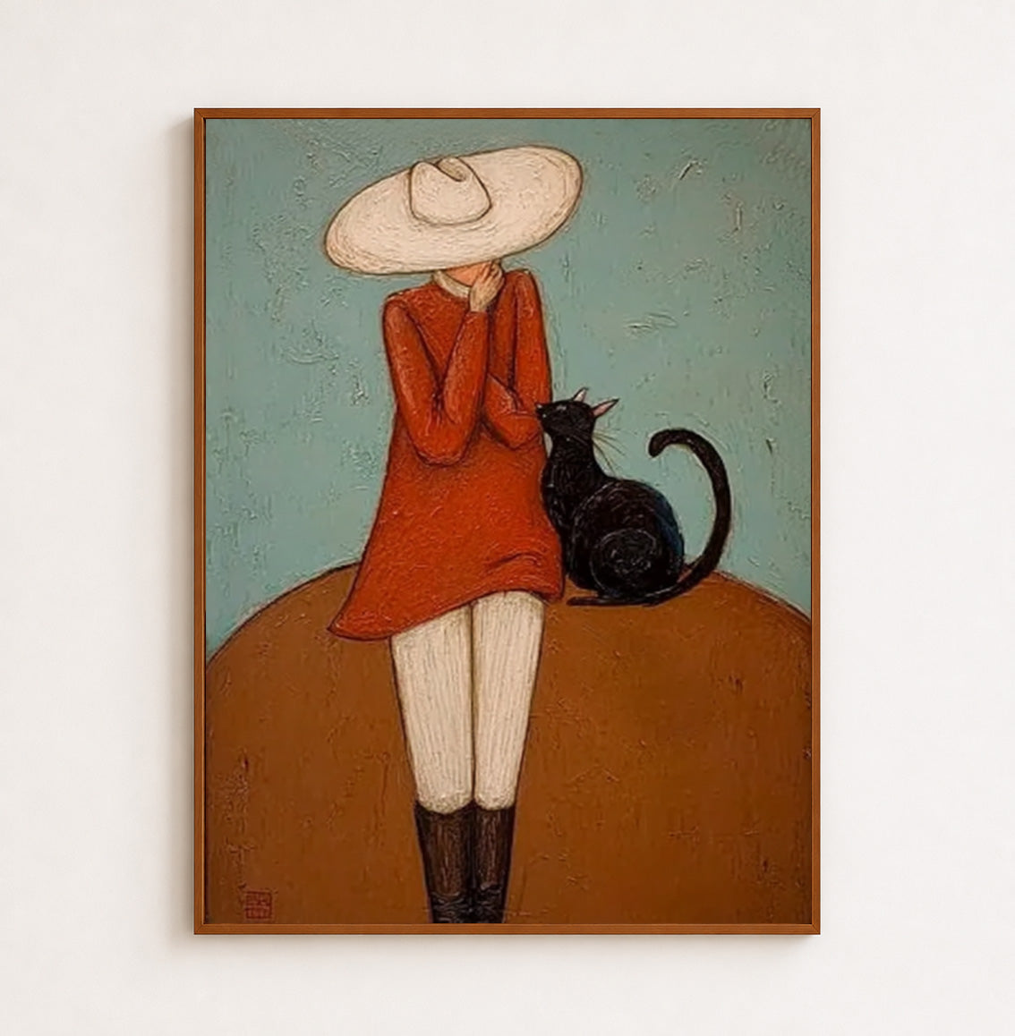 Vintage Lady With Black Cat Painting Textured Wabi Sabi Wall Art For Living Room Decor