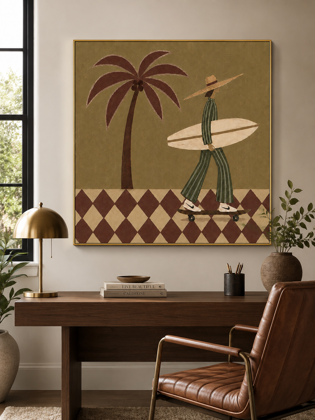 Vintage Surfer Girl Painting With Palm Tree And Checkerboard Pattern For Modern Home Decor