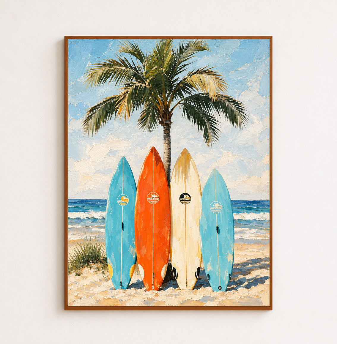 Colorful Surfboard Painting, Retro Beach Wall Art, Blue Ocean Original Hand Painted Canvas