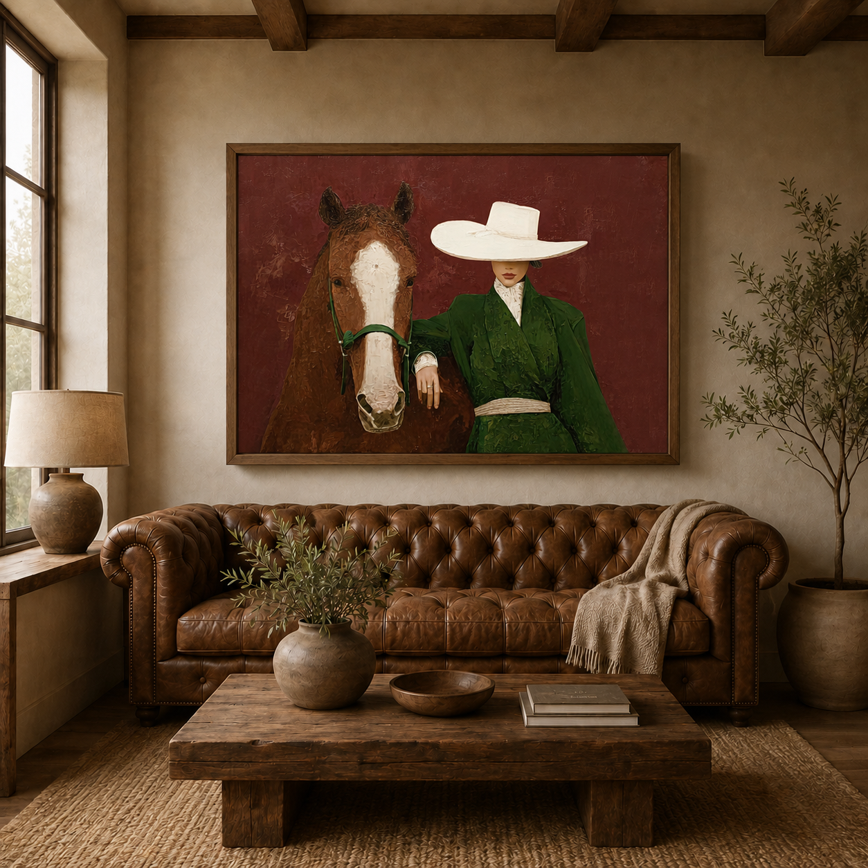 Elegant Woman With Horse Painting In Green Coat And Crimson Background For Living Room Decor
