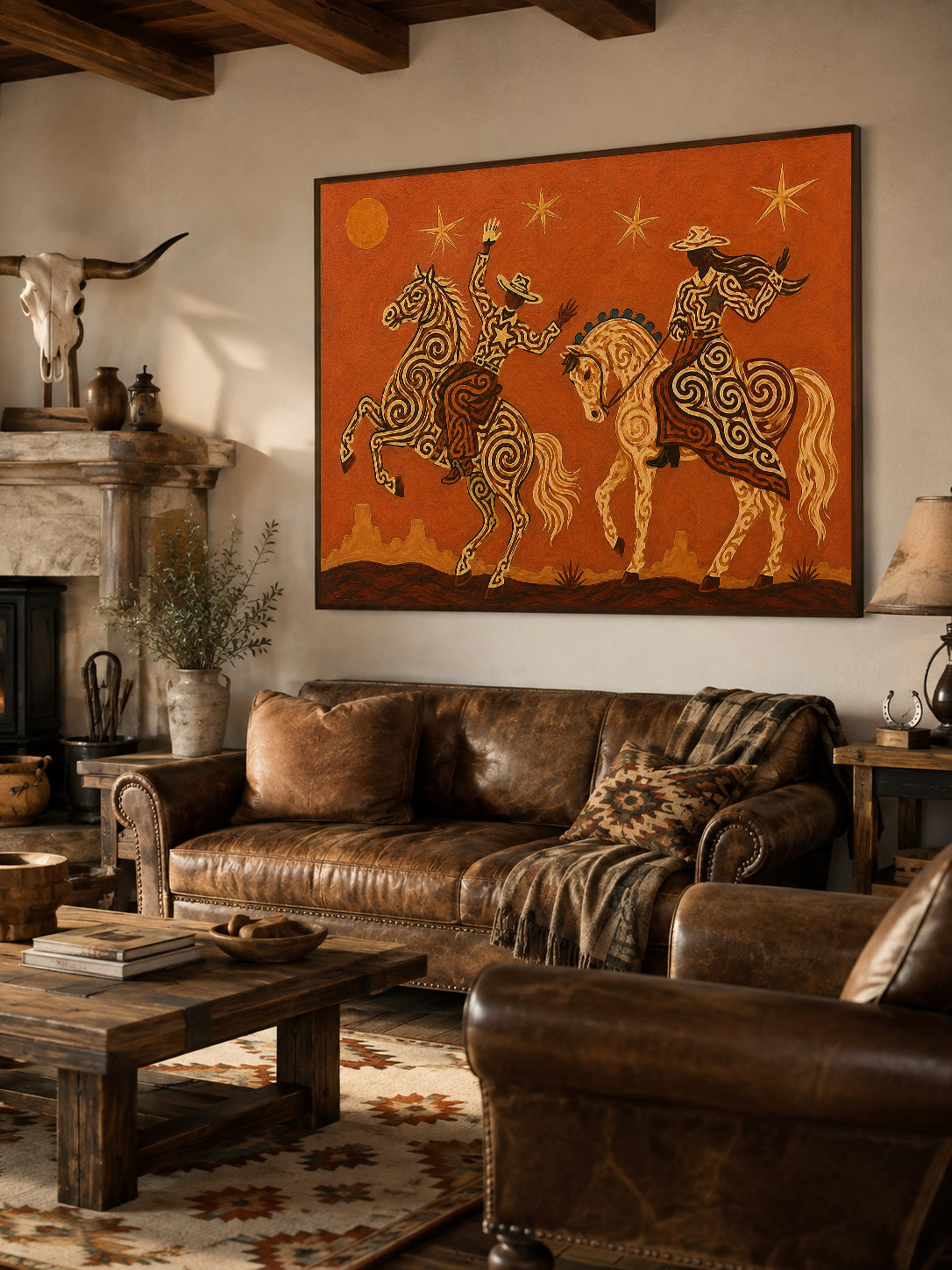 Cowboy Cowgirl Horse Painting, Orange Desert Western Folk Art, Southwestern Riders Decor