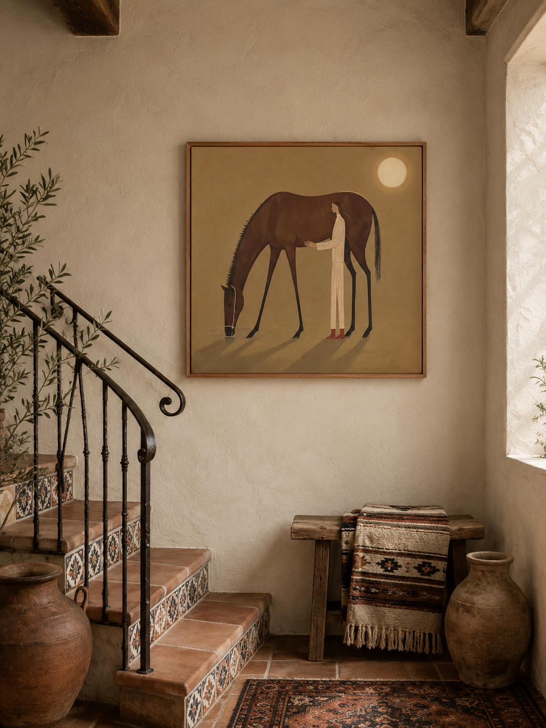 Wabi Sabi Girl And Horse Painting With Moonlight Earth Tones For Cozy Living Room Decor