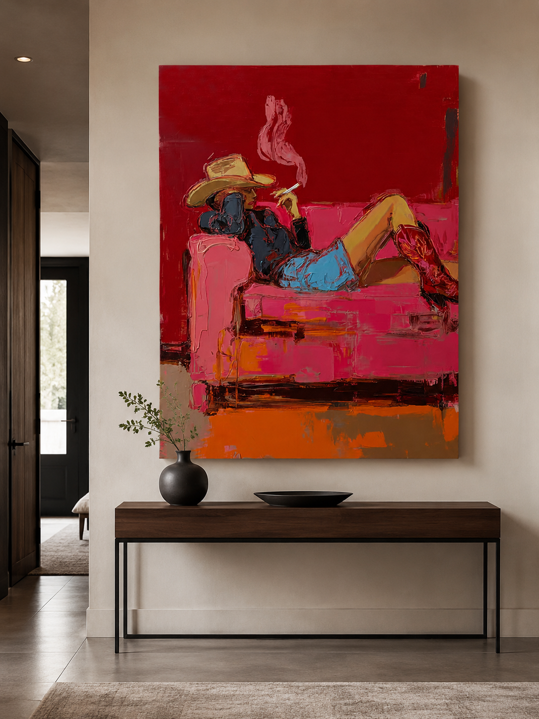 Modern Western Art Painting Of Cowgirl Smoking In Red For Living Room Decor