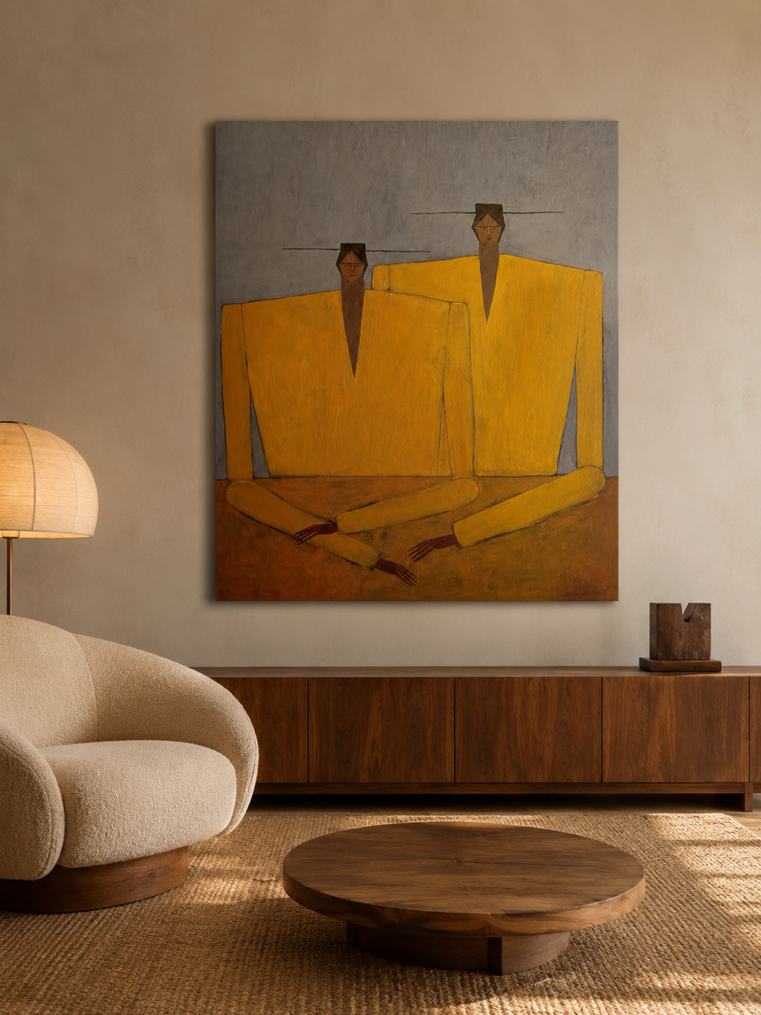 Hand-Painted Figurative Abstract Portrait Painting- Modern Yellow Statement Piece for Living Room
