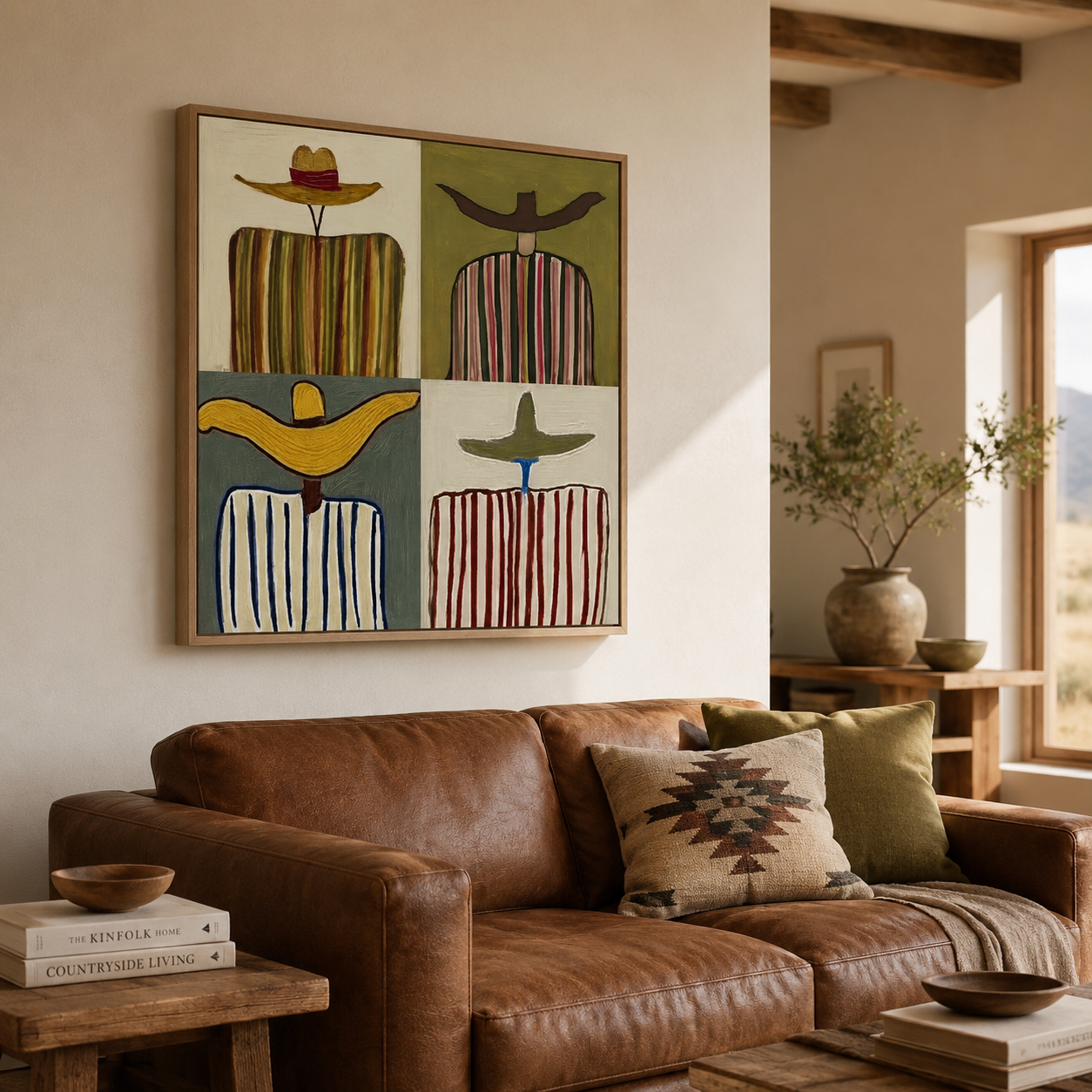 Southwestern Abstract Art With Sombreros For Modern Living Room Decor Original Oil Painting