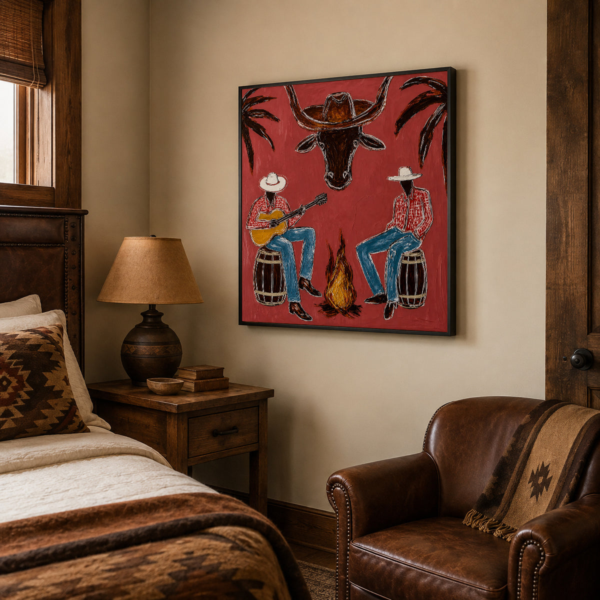 Cowboy And Longhorn Steer Canvas Painting With Campfire Scene Rustic Red Painting