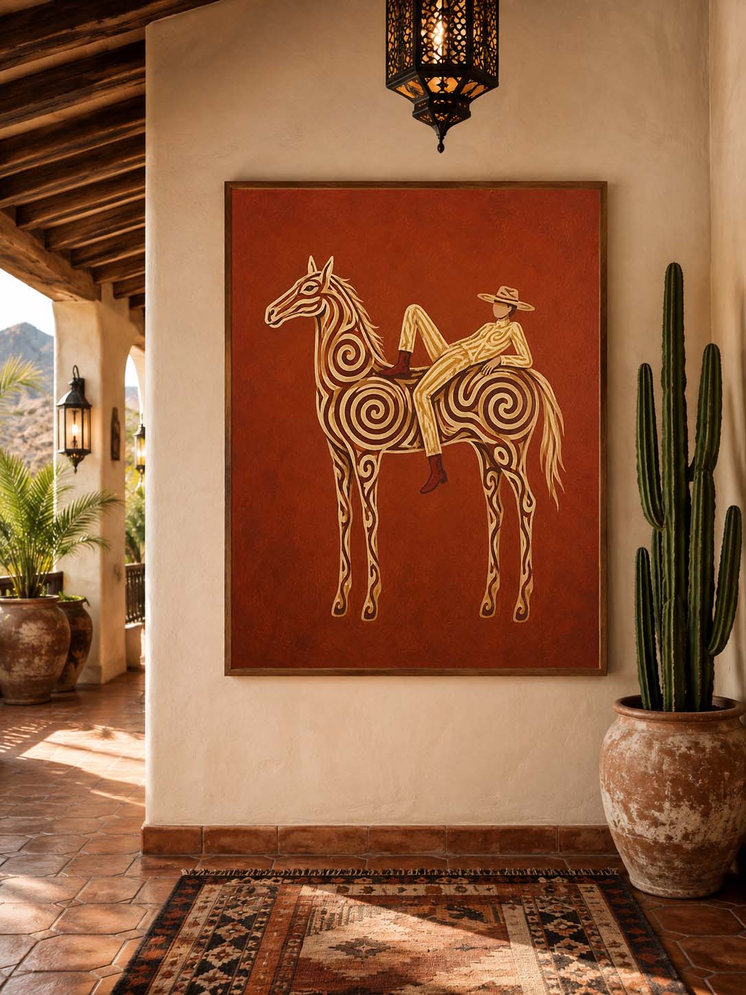 Neutral Earth Tone Cowgirl Wall Art, Terracotta Horse Canvas Art, Boho Western Home Decor
