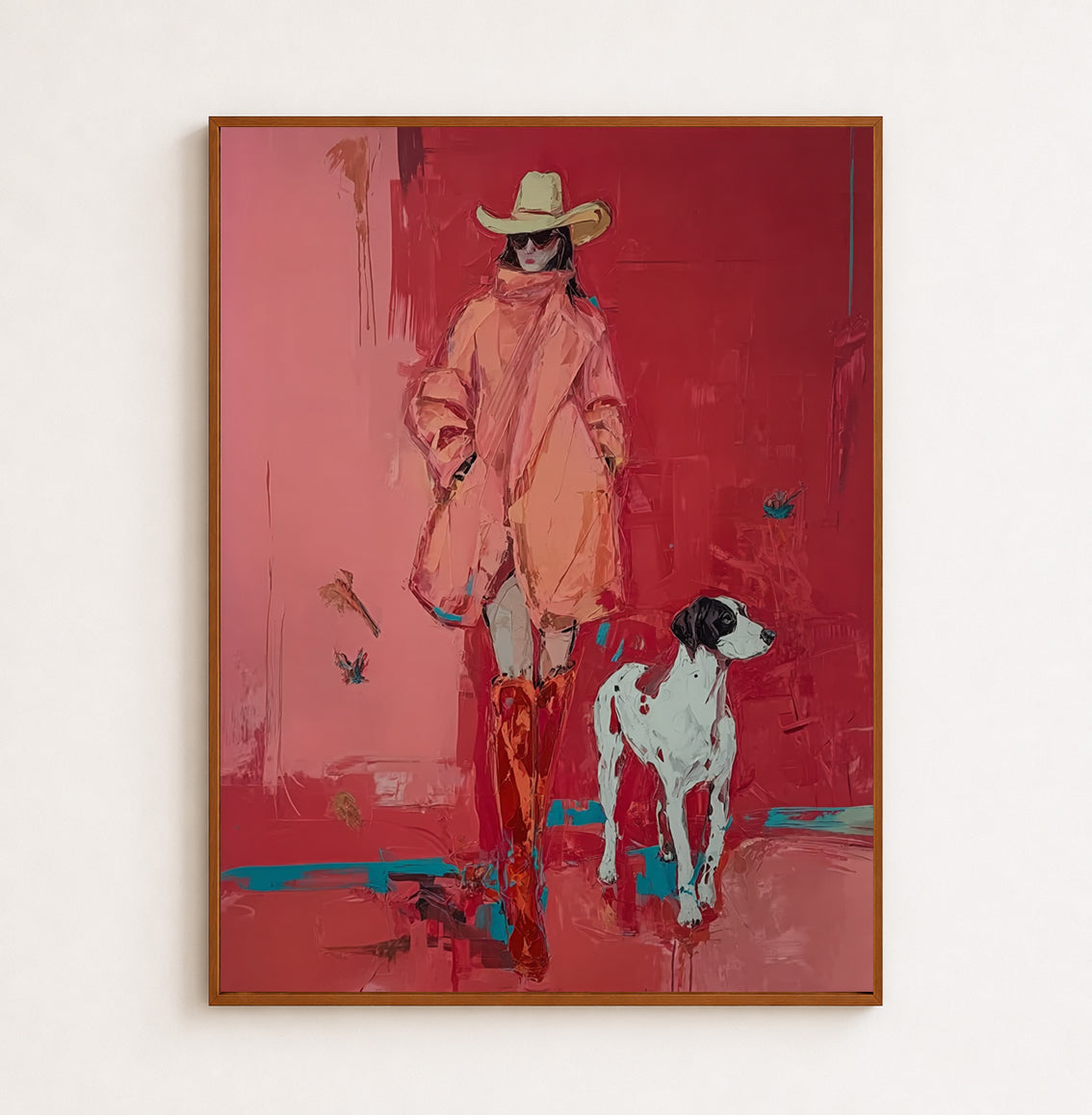 Bold Red Fashion Figure With Dog Original Oil Painting For Modern Home Decor