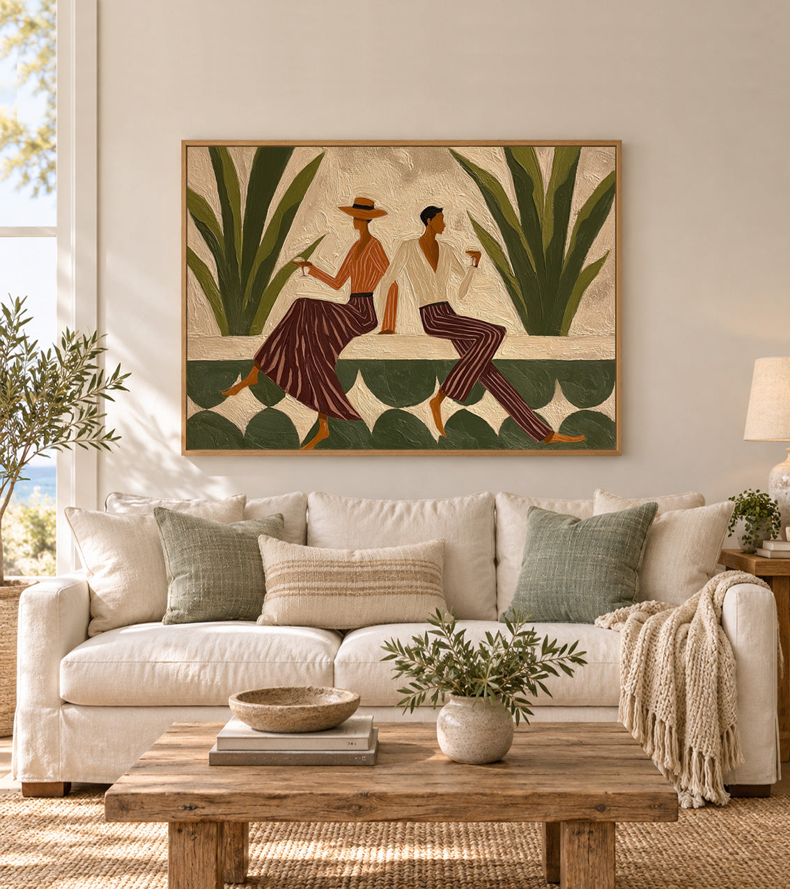 Vintage Figure Painting With Agave Plants Hand-Painted Canvas Art Olive Green Wall Art For Modern Living Room