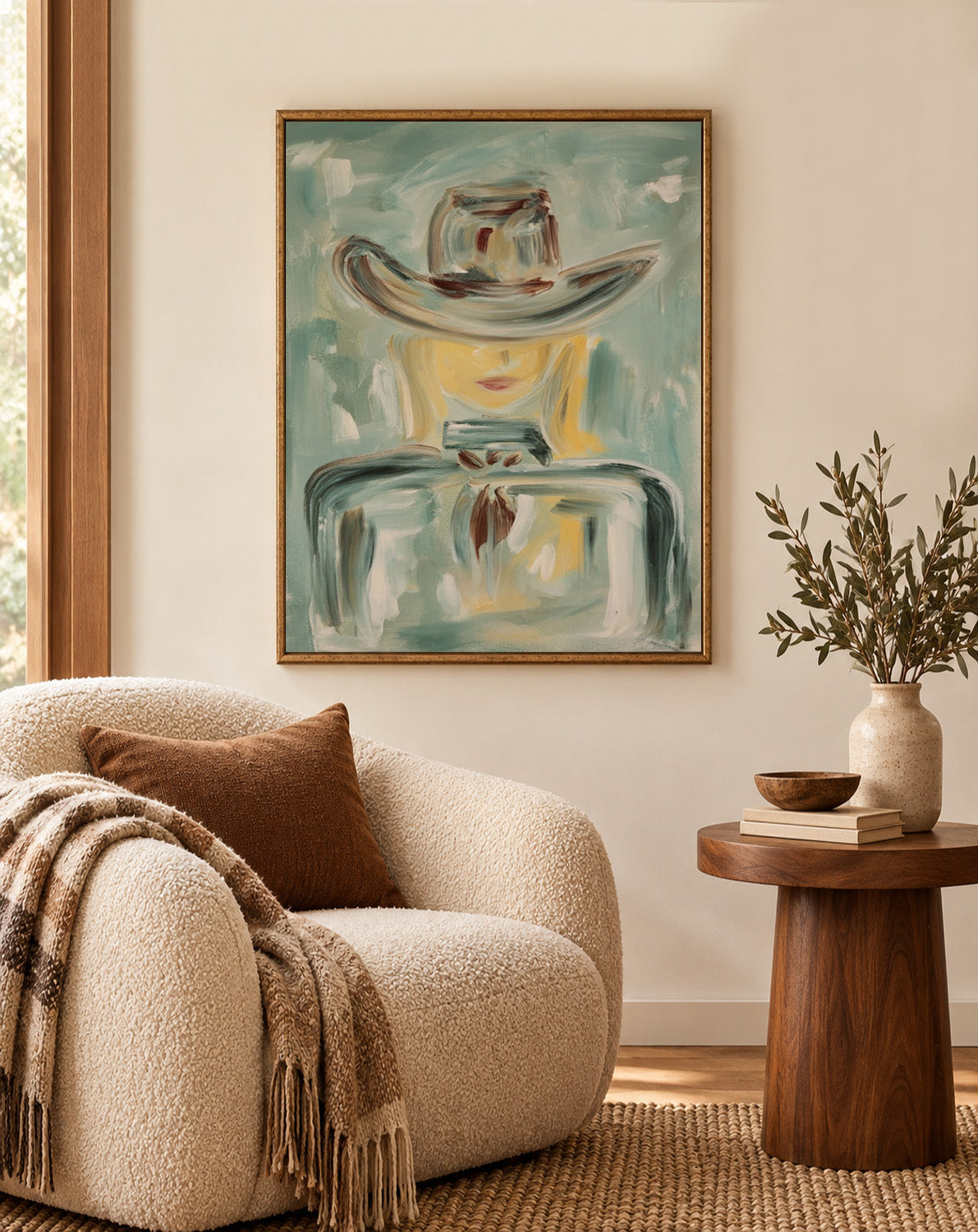 Abstract Cowboy Figure Painting In Sage Green For Modern Wall Decor