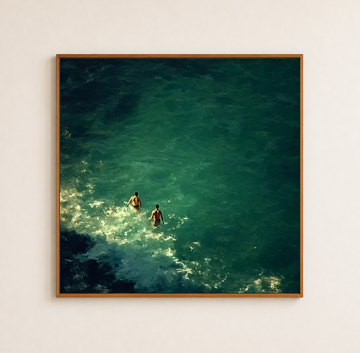 Emerald Green Ocean Painting Impressionist Swimmers Vintage Coastal Canvas Art For Living Room