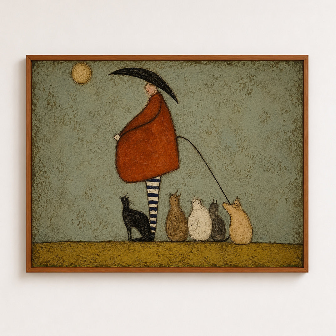 Whimsical Cat Lady Painting With Black Cats Folk Art For Modern Home Decor