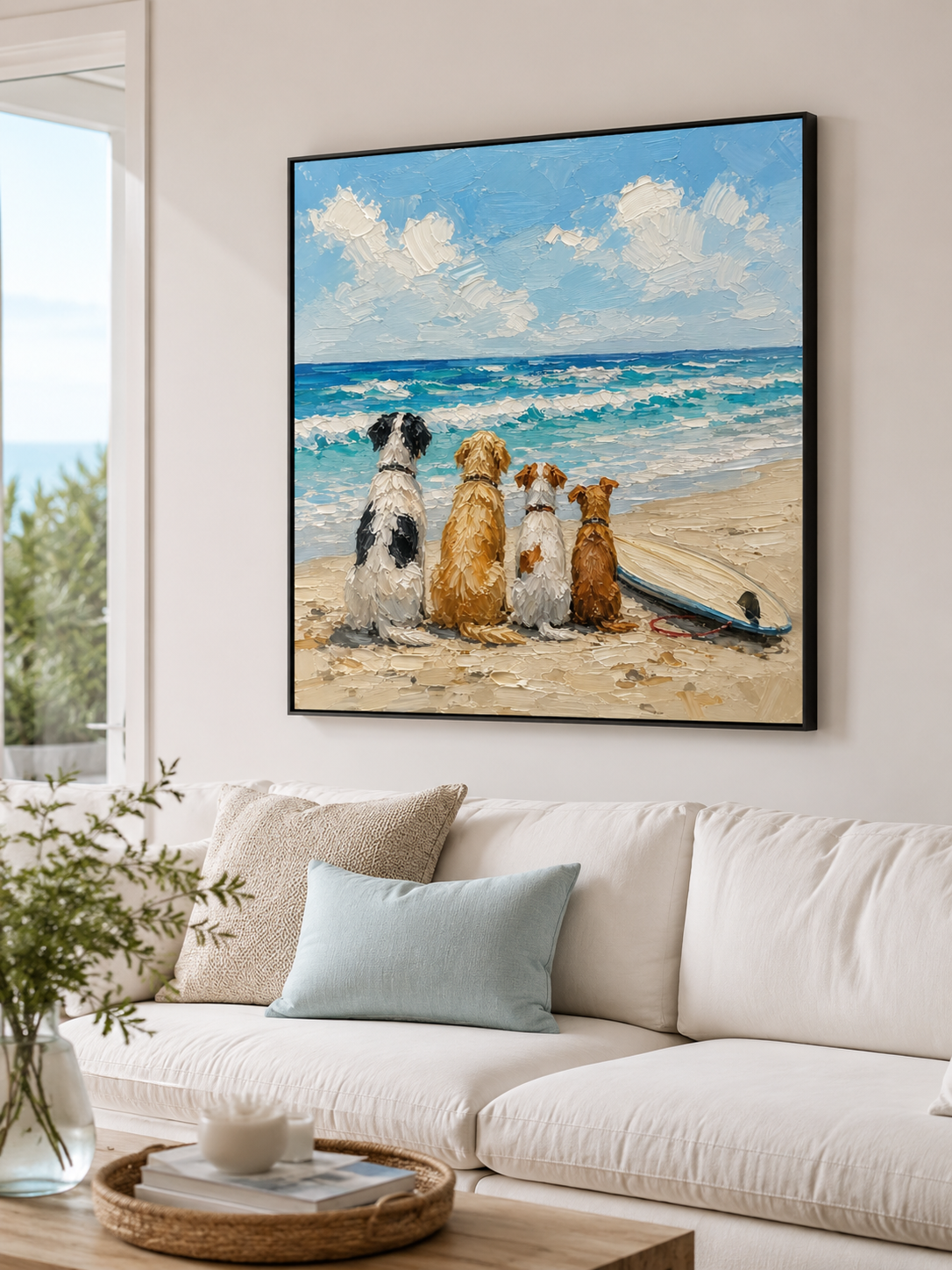 Hand Painted Dogs Watching Ocean Waves Impasto Beach Art For Dog Owners Gift