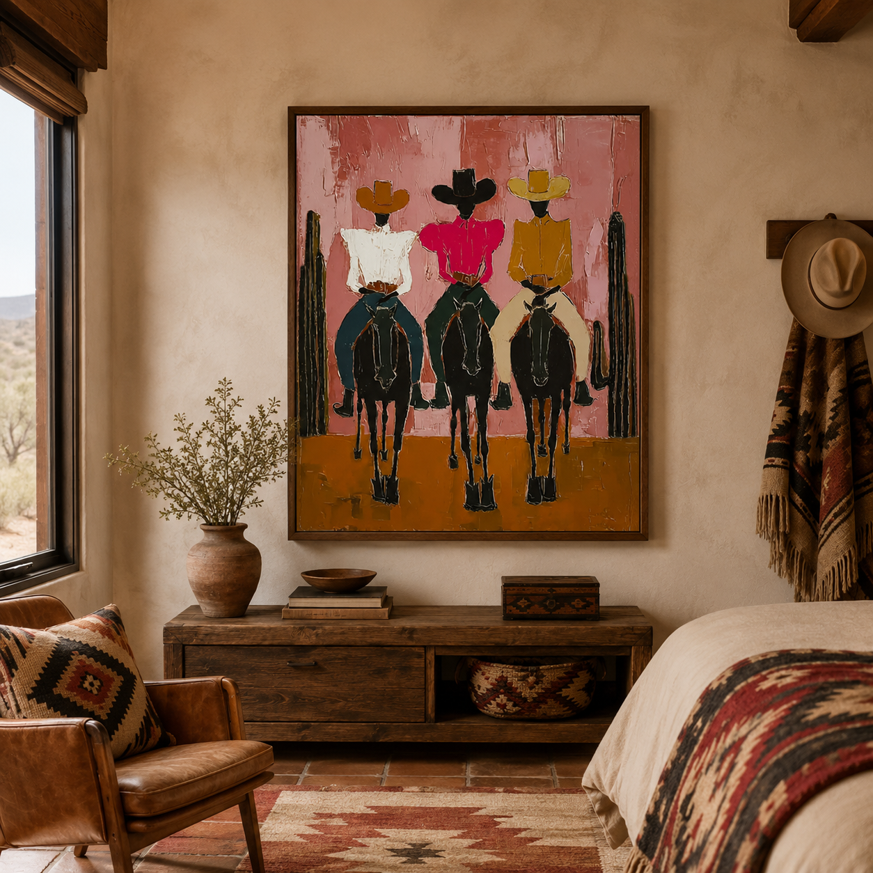 Modern Pink Desert Cowboy Painting With Cactus Canvas Art For Living Room Wall Decor
