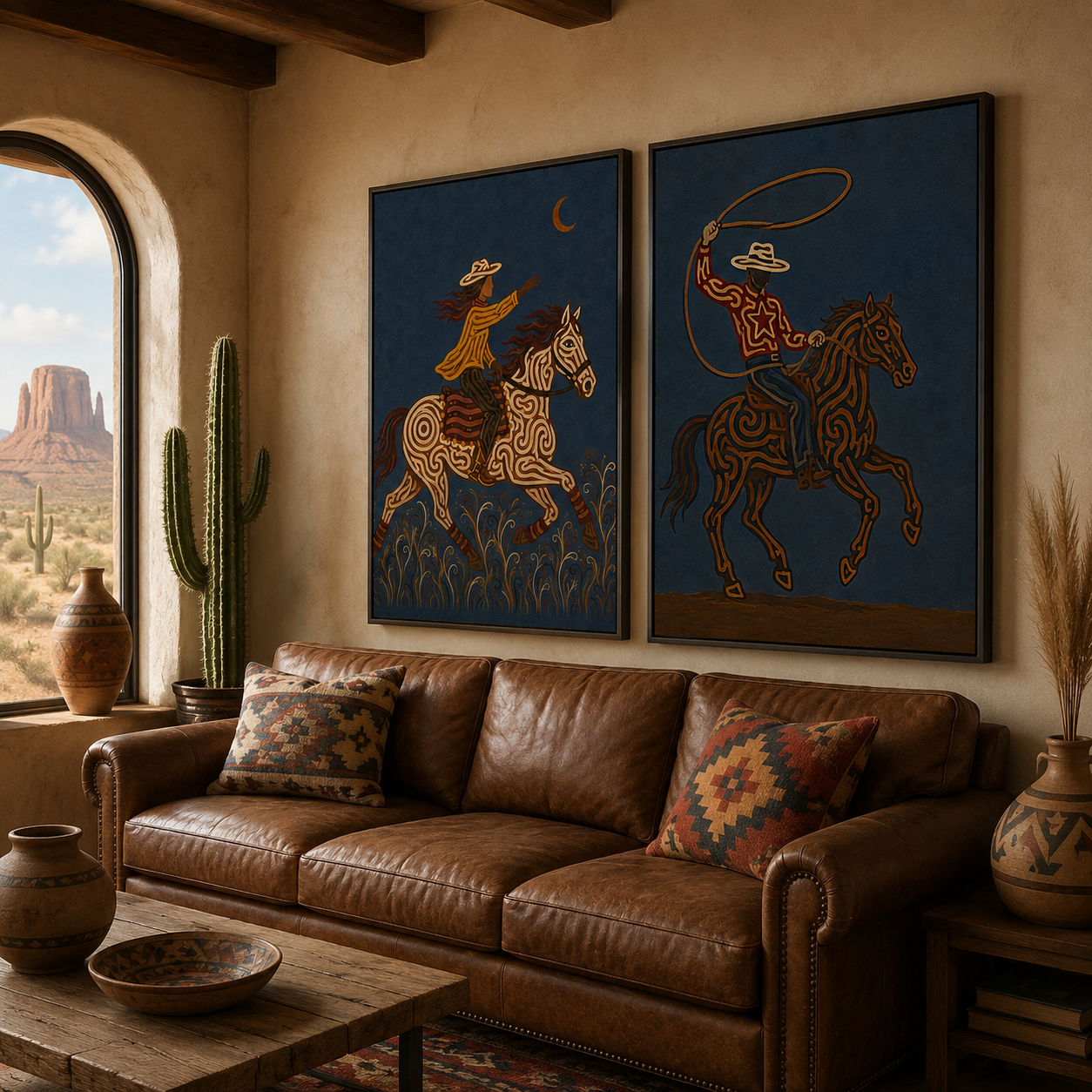 Moody Dark Blue Western Cowboy Wall Art Set Of 2, Vintage Equestrian Canvas Painting For Living Room