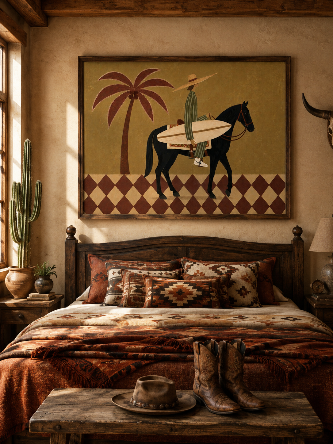 Olive Green Canvas Art With Diamond Floor Pattern And Rider Silhouette For Boho Chic Interior