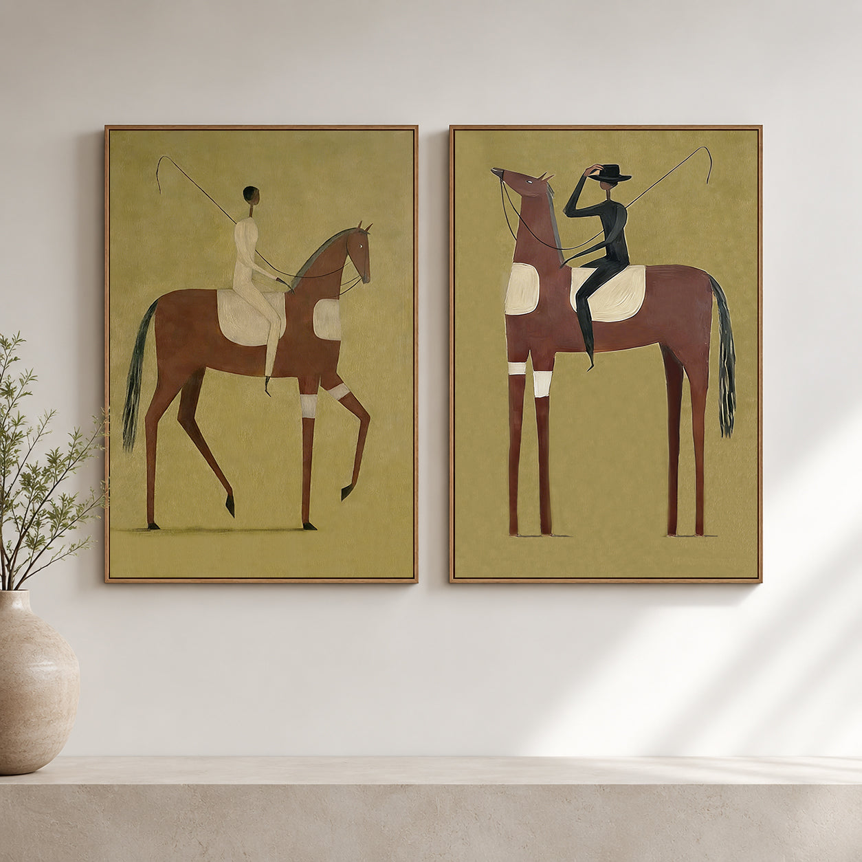 Vintage Equestrian Horse Art Set Of Two With Olive Green Background For Living Room Wall Decor