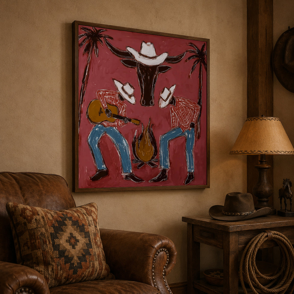 Cowboy Guitar Wall Decor Rustic Western Campfire Scene Canvas Painting For Living Room Decor
