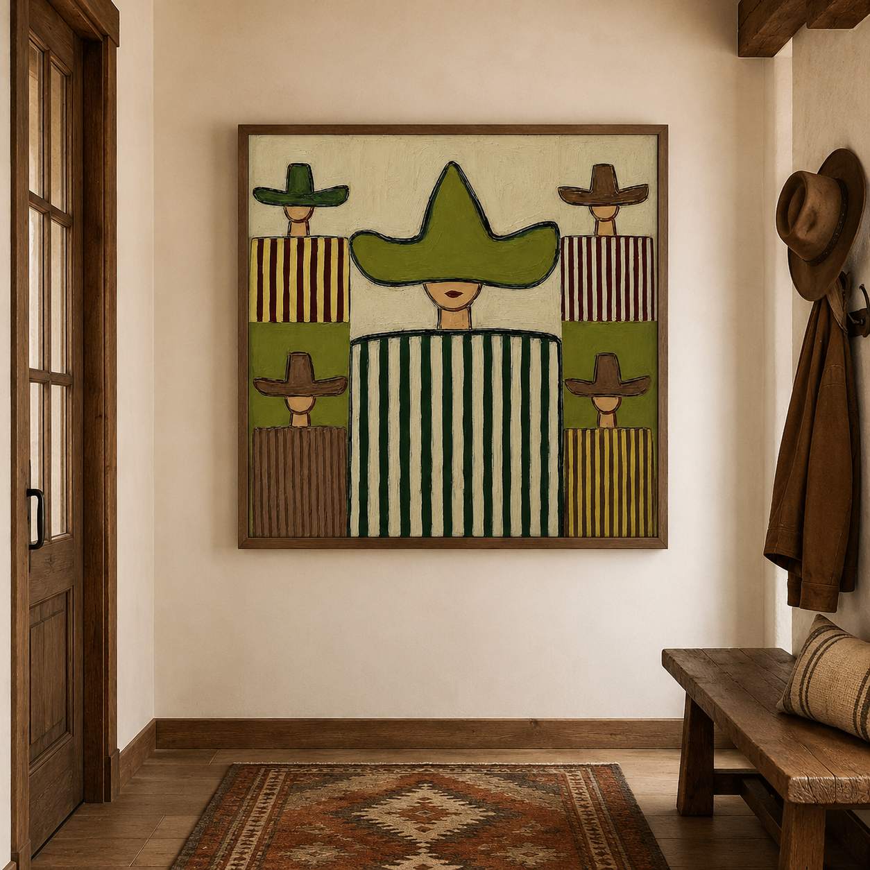Abstract Figurative Oil Painting With Sombrero Motif In Olive Green And Brown Tones For Modern Wall Decor