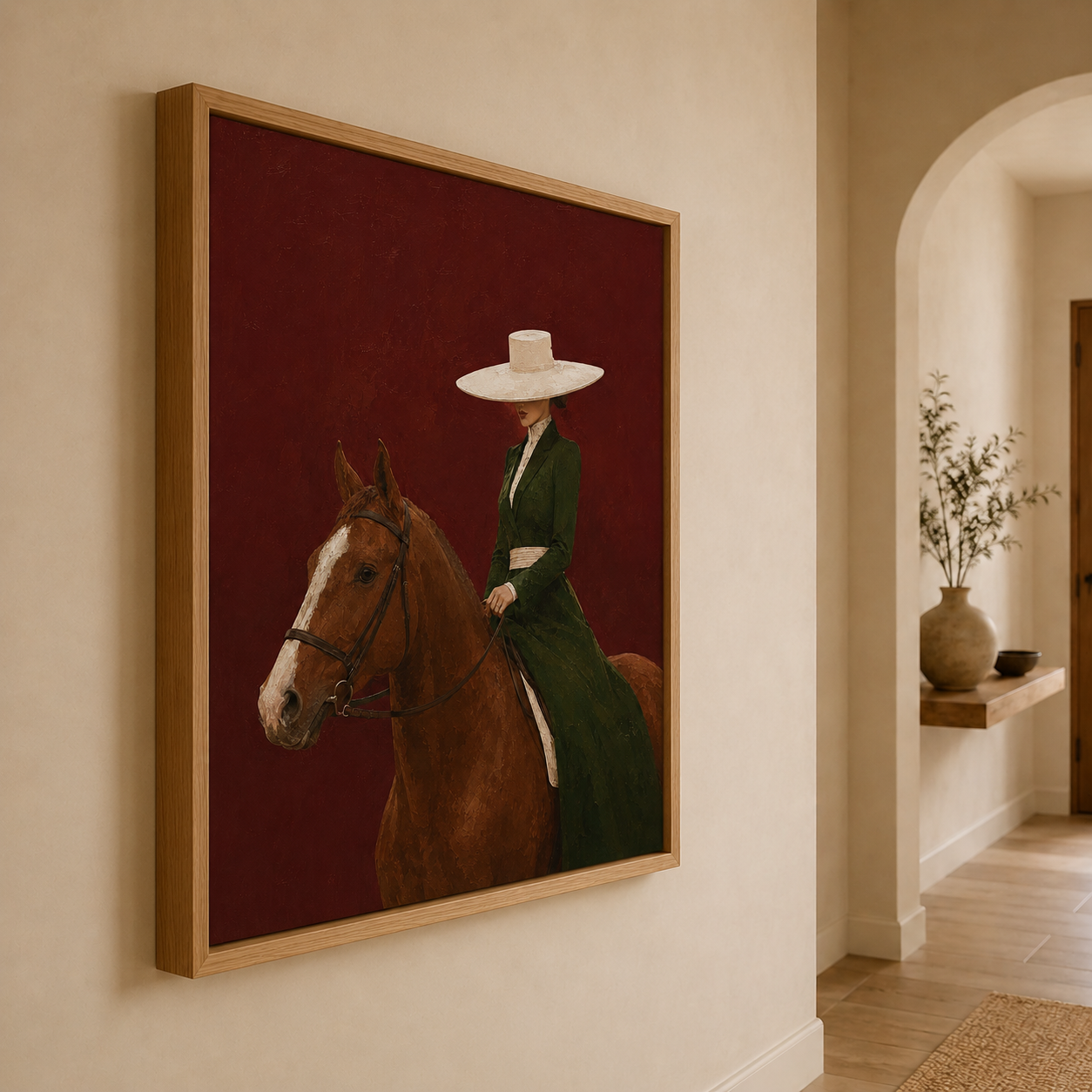 Minimalist Figurative Art Print Of Lady And Horse In Green Dress Against Crimson Wall For Study