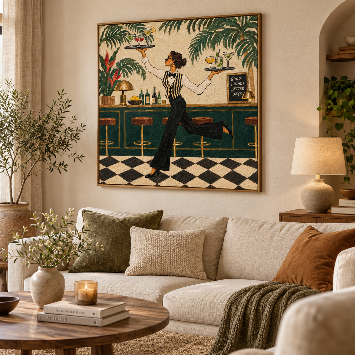 Stylish Bartender Canvas Painting With Cocktails And Tropical Plants For Home Bar Decor
