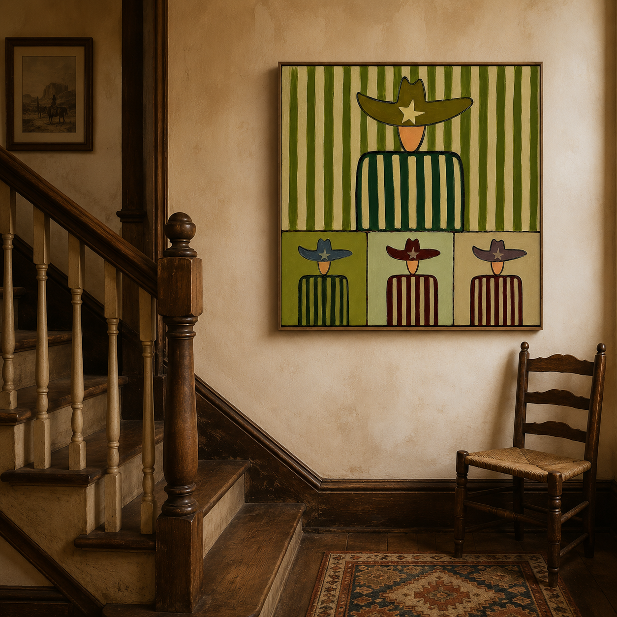 Abstract Cowboy Painting With Green Stripes For Modern Living Room Decor