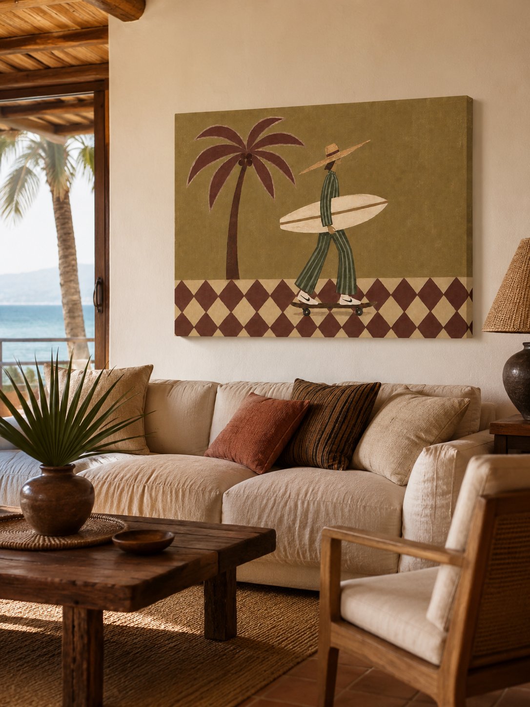 Retro Surf Art With Palm Tree And Skateboard For Modern Living Room Wall Decor