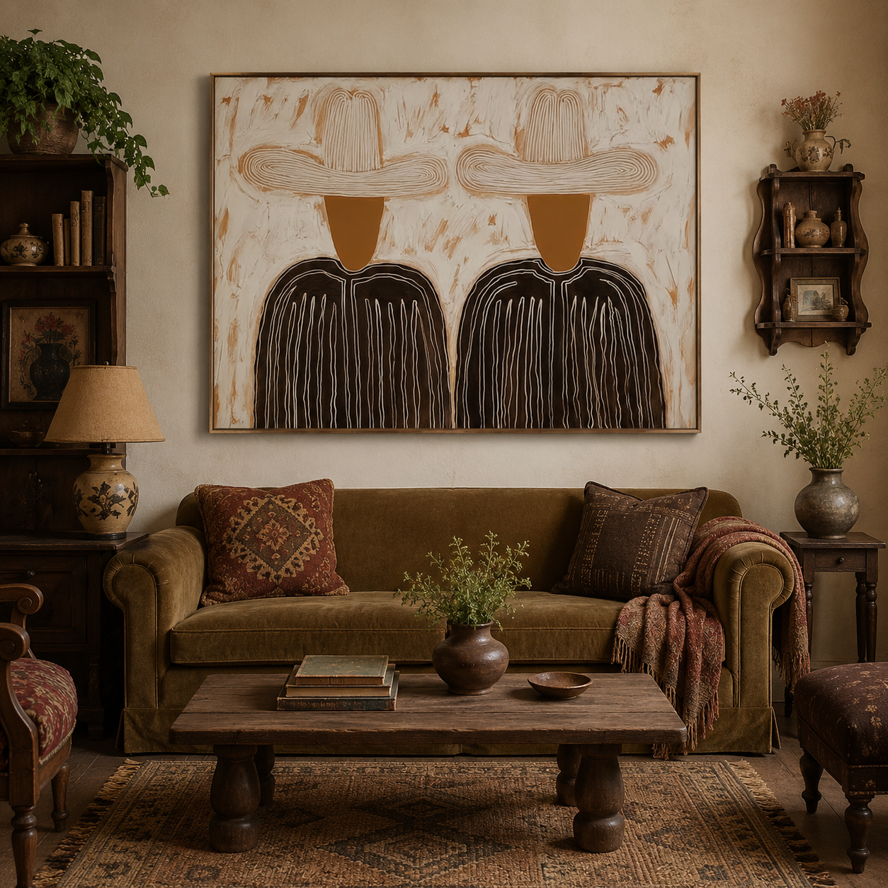 Minimalist Figurative Oil Painting With Textured Earth Tones For Modern Living Room Decor