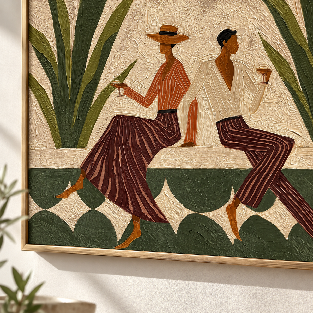 Vintage Figure Painting With Agave Plants Hand-Painted Canvas Art Olive Green Wall Art For Modern Living Room