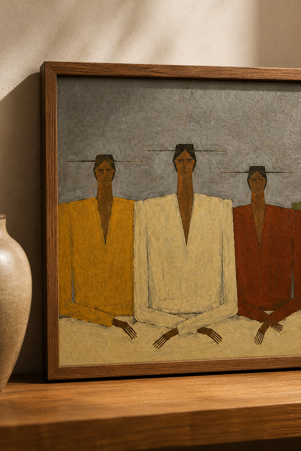 Mid-Century Minimalist Abstract People Oil Painting - Muted Earth Tones on Canvas