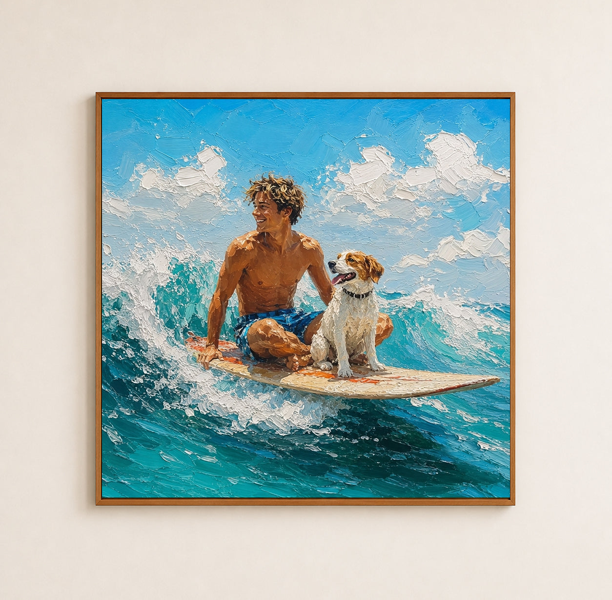 Textured Surfing Art With Dog For Modern Beach Home Decor Gift