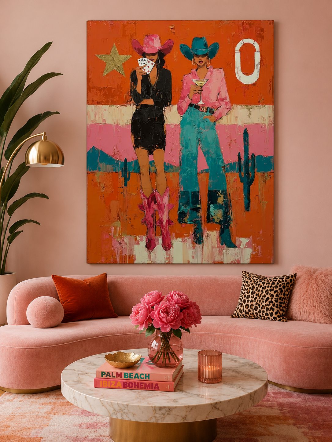 Vibrant Pop Art Painting Of Two Women In Cowboy Hats Unique Wall Decor