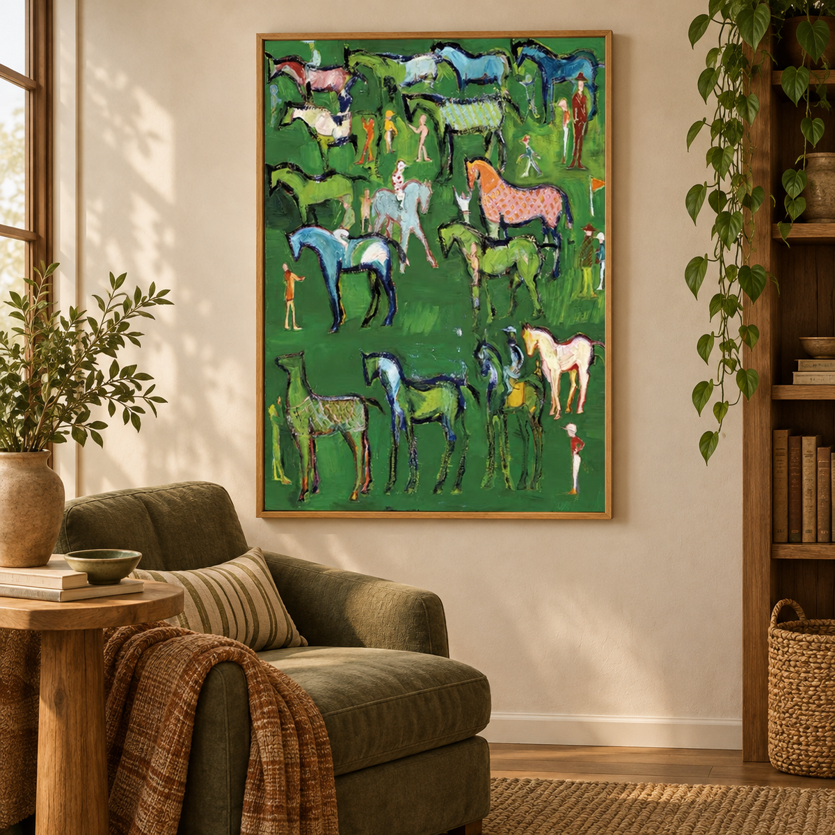 Hand-Painted Folk Horse Painting With Colorful Horses On Green Canvas Art