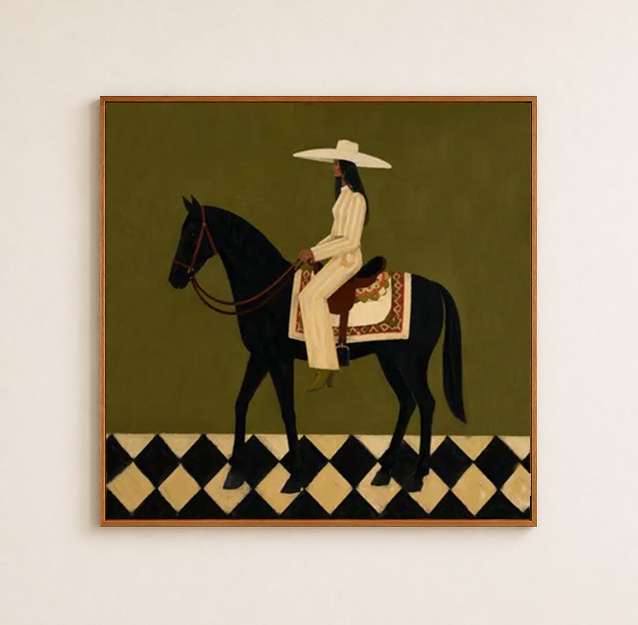 Vintage Horse And Rider Painting Sage Green Wall Art For Modern Home Decor